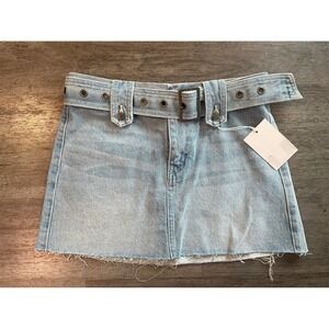 NEW CELLO Light Wash Denim Belted Mini Skirt Raw Hem Y2K Size S